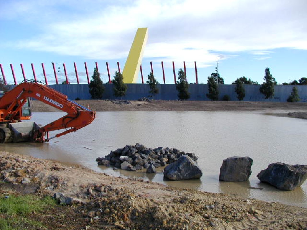The storage wetland is excavated during construction