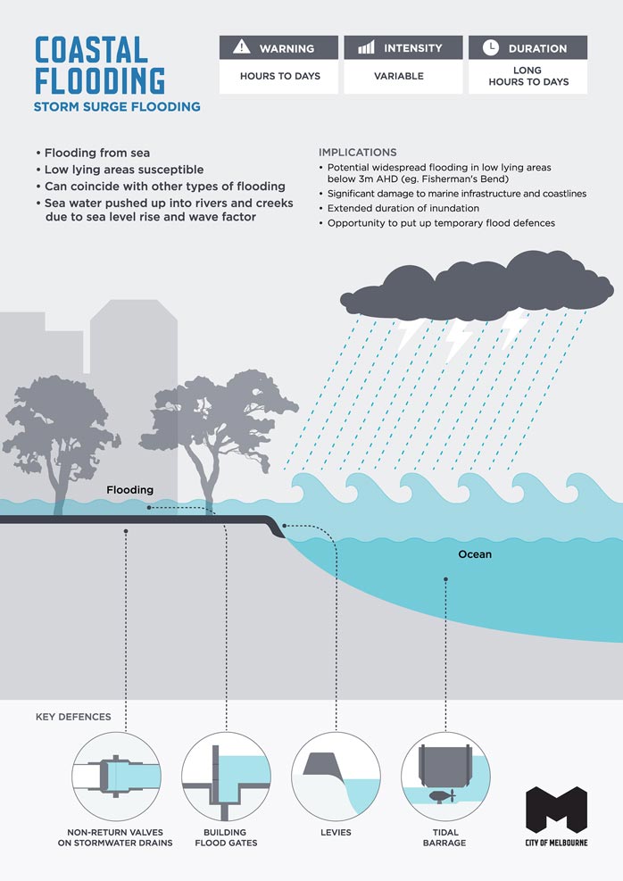Infographic illustrating characteristics, implications and key defences of coastal / storm surge flooding